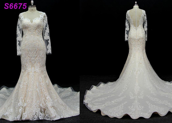 long sleeves customize made lace application bridal gown wedding dresses