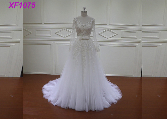 Dropped Waistline Muslin Wedding Dress / Handcraft Lace Applique Wedding Dress