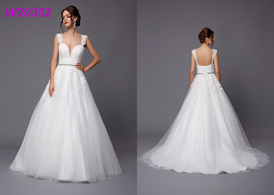 Modest Sheer Deep V Neckline Princess Bride Wedding Dress Straps Lace Up Back