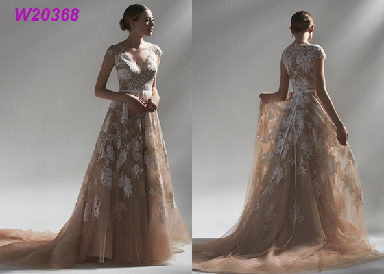 Ball Multi Colored Wedding Gowns Brown Lace Appliques Bridal Gowns Long Robe