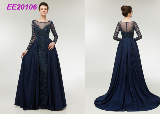 Long Sleeves Mother Of The Bride Formal Gowns Detached Tail Dark Blue Beading Banquet