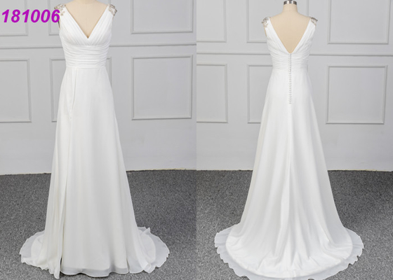 Chiffon Women Beach A Line Ball Gown Wedding Dress Crystal Beading Sleeveless