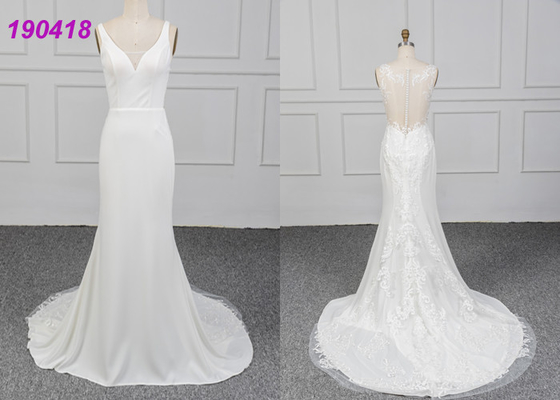 Sleeveless Crepe Wedding Dress Vestido De Noiva Lace Appliques Sheath Design