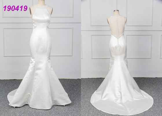 Micado A Line Halter White Mermaid Wedding Dress Spring Modern Bridal Wear
