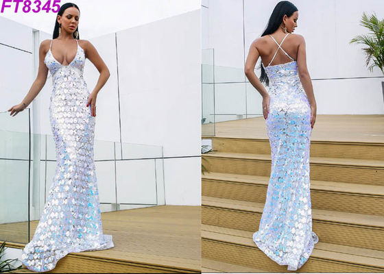 Modern Deep V Back Cross Strap Sequins Long Evening Gowns , Sexy Evening Dresses