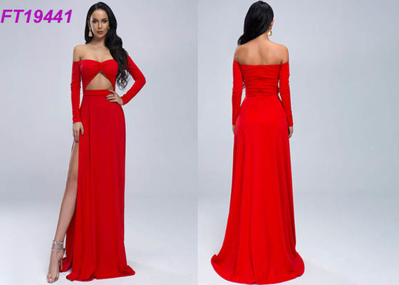 Summer Slit Off Shoulder Red Evening Dress With Long Sleeves For Party