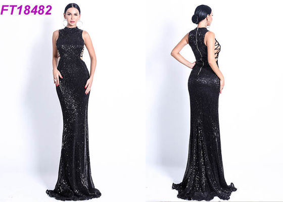 Elegant High Necked Sequin Formal Evening Gowns Black Silver Green Pink