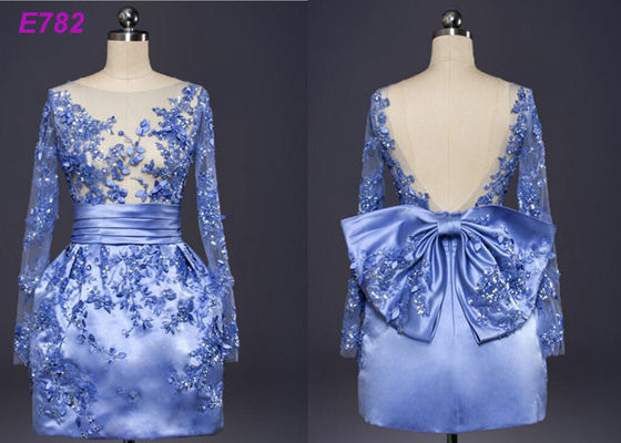 Blue Color See Through Short Long Sleeve Evening Dresses With Bowknot