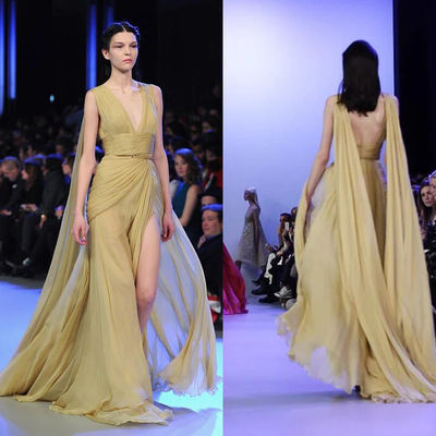 Deep V Sexy Back High Slit Long Style Evening Dresses For Women , Banquet Chiffon Dress