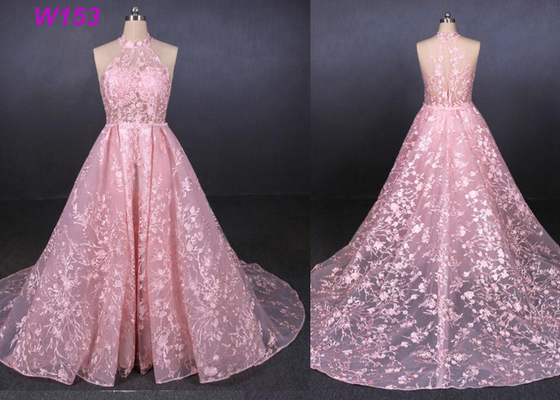 Pink Halter Backless Sleeveless Lace Wedding Dress Removable Tail Bridal Gown