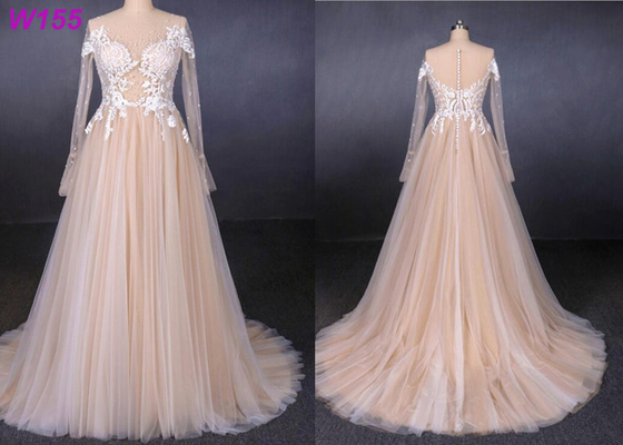 Long See Through Lace A Line Tulle Female Wedding Dress With Pearls Beading