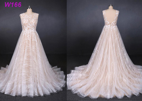 Sexy Backless Female Wedding Dress Sleeveless Sequins Tulle Bright Lines And Chi Shapes