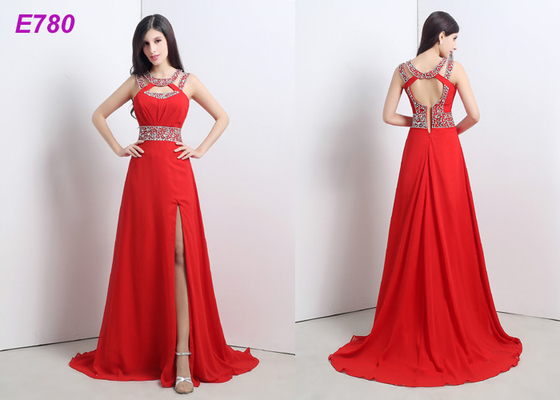 Red Slit Sexy Cocktail Party Dress Beading Chiffon Dress For Evening Dress