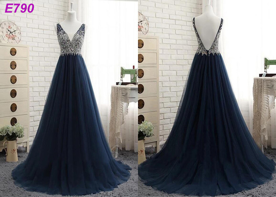 V neckline backless straps beading A line dark bule tulle evening dress