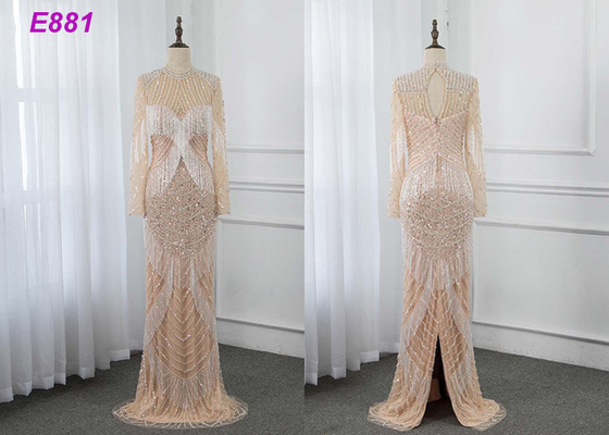 Heavy beading evening dress tassels long sleeves sheath formal party dress