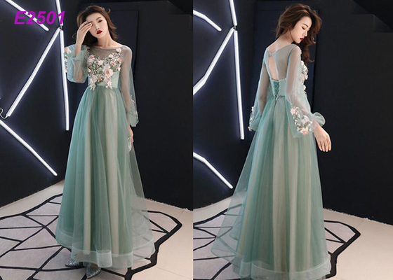 Floral party dress green pink blue colors long puff sleeves tulle evening dress